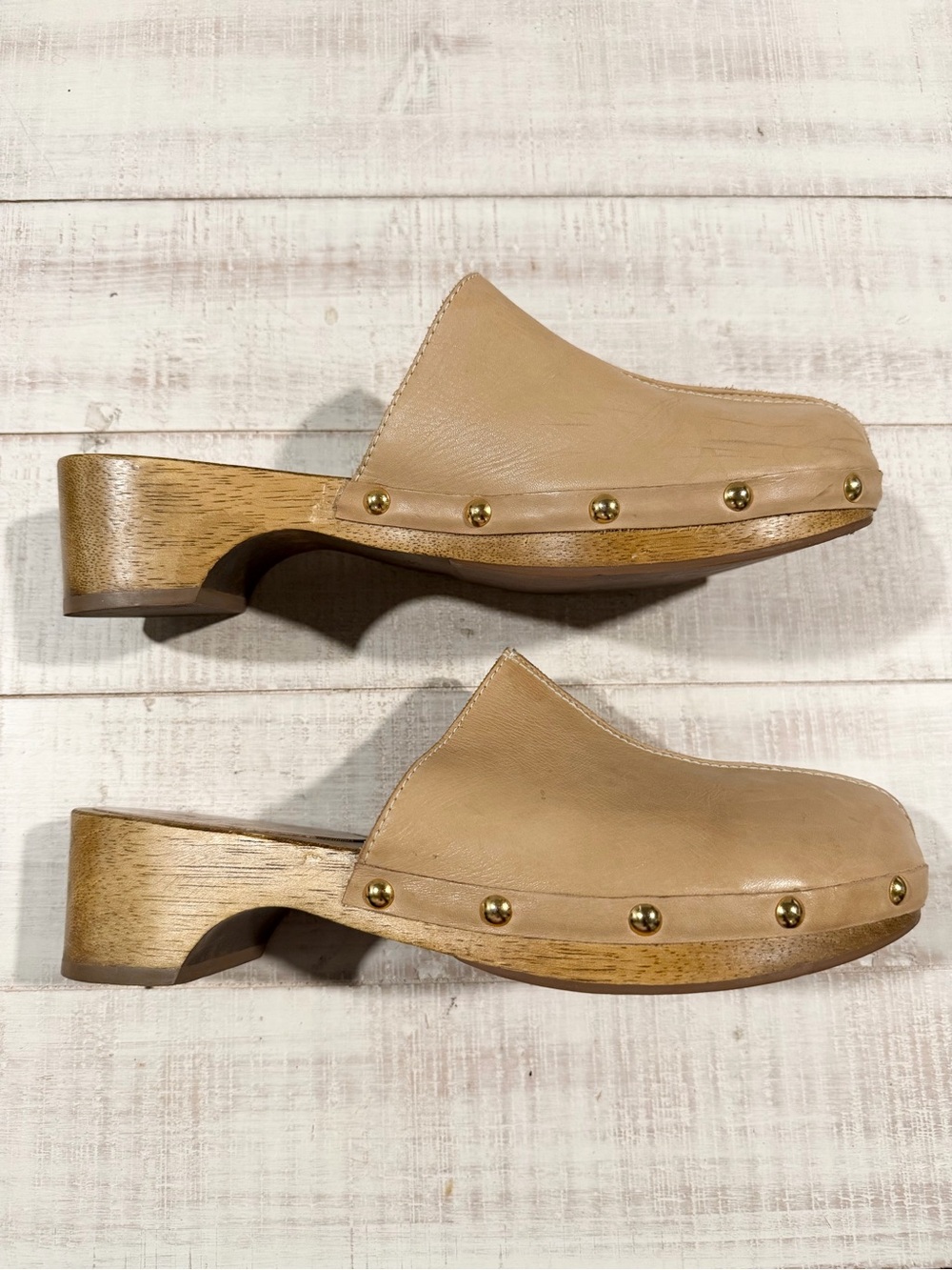 Bird of Flight Brown Leather Wood Sole Clog Mules Size 8.5 Studded Slip On Shoes - Picture 4 of 10